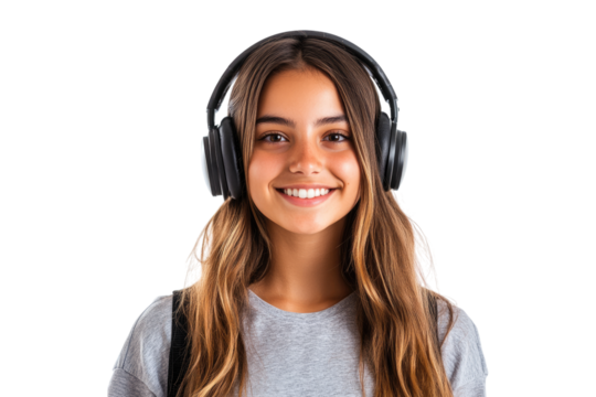 Smiling teenager girl with headphones on head isolated on white or transparent, PNG - Powered by Adobe