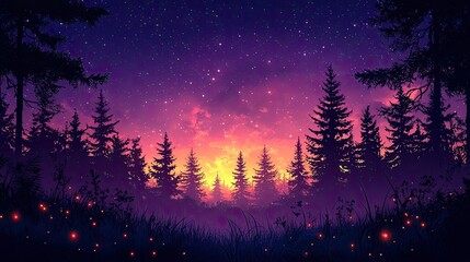 Vibrant sunset over a serene forest landscape with twinkling stars and glowing fireflies