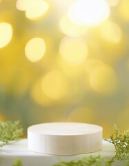 product display with green nature concept and background with yellow sunlight bokeh