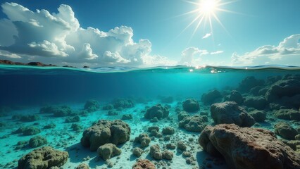 Obraz premium Split view of shallow coral reef underwater with sky and sun above the surface 