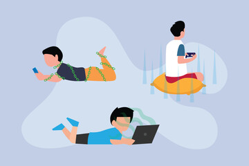Digital Addiction Concept - Illustration of Kids Addicted to Screens and Video Games 2d flat vector illustrations