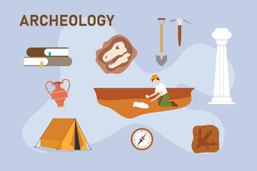 Archaeology Illustration - Excavation, Fossils, and Ancient Artifacts Exploration 2d flat vector illustrations