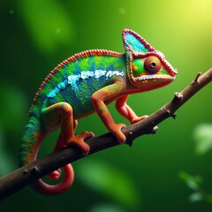 Obraz premium Vibrant Fischer's chameleon perched on a leafy branch, green, nature photography, lizard