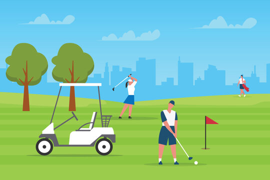Golf Course Scene - People Playing Golf with Golf Cart and Cityscape 2d flat vector illustrations