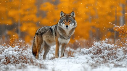 Obraz premium A majestic coyote standing in a snowy landscape with vibrant orange foliage in the background