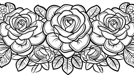 A highly detailed black and white line art illustration of a blooming rose surrounded by delicate floral patterns, perfect for coloring books and elegant designs
