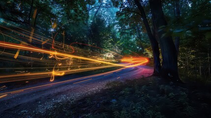 A long exposure photograph of fireflies flying in a circular pattern through the night air in a forest.