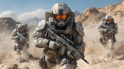 Combat android conducting desert warfare, heat management systems active, harsh environment