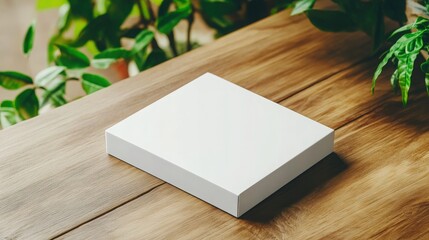 Fototapeta premium Blank white box on a wooden table, surrounded by lush green plants. Minimalist product display.