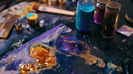 Scene of a resin art setup. Featuring resin, pigments, and a finished piece. Highlighting the craft of resin art. Ideal for DIY and craft blogs.