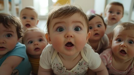 Group of caucasian babies posing together in a bright and cheerful setting with playful expressions