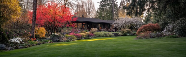 Springtime home exterior with lush green grass, blooming trees, and flowering bushes under natural ambient light, clean and simple composition, f/4.0, showcasing a serene and vibrant outdoor scene.