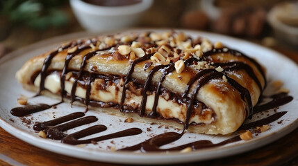 A rich and creamy layered tiramisu cake drizzled with dark chocolate syrup and dusted with cocoa powder, presented on a wooden dessert plate.