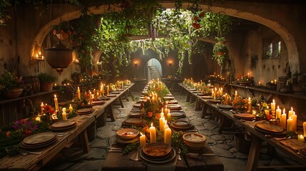 Cozy Magic Tavern Interior with Candlelight, Ideal for Fantasy and Magical Themed Illustrations