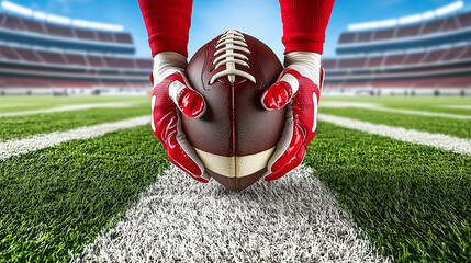 American football player gripping the ball before kickoff in a stadium, featuring red gloves and a detailed sports setting capturing the intensity of the game.
