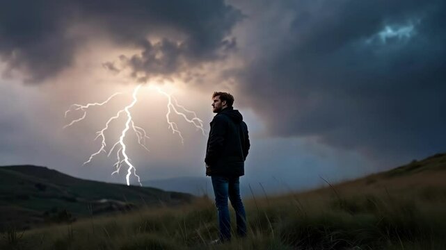 Lightning storm lighting up the sky behind a man standing on a hilltop