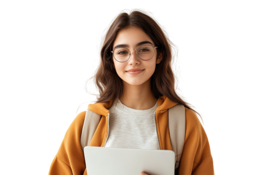 Smiling girl holding tablet isolated on white or transparent, PNG - Powered by Adobe