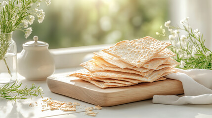 broken pieces of matzah scattered on a wooden board, crumbs adding texture to the scene, softly lit by natural daylight with a softly blurred background for a simple yet symbolic look