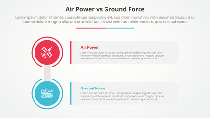 air power vs ground force comparison opposite infographic concept for slide presentation with big circle and rectangle box stack with flat style