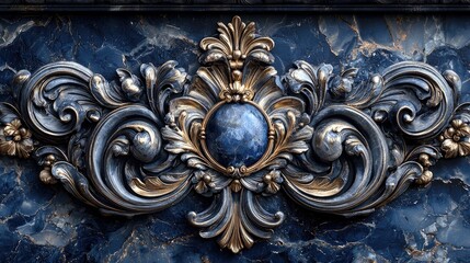 Ornate baroque design featuring intricate gold and blue detailing with a central gemstone