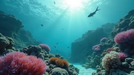 Fototapeta premium Underwater coral reef with colorful marine life and sunlight filtering through 