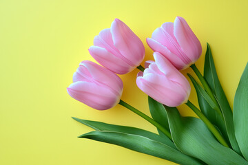 Obraz premium Bouquet of pink tulips flowers on yellow background. Valentine's Day