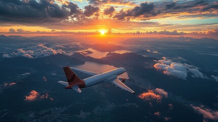 Fototapeta premium Airplane Soaring Above Majestic Sunset Mountains