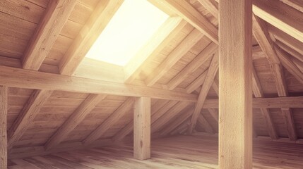 High Angle Shot of Timber Framed Attic with Skylight Illumination