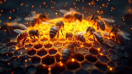Close-up of bees gathering nectar on a glowing honeycomb at dusk, with a magical ambiance