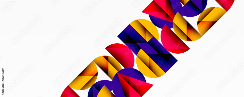 Poster Abstract geometric background with layered gradient shapes forming dynamic patterns. Overlapping semi circles and triangles create depth and contrast