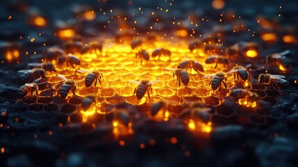 Close-up view of bees working on a glowing honeycomb, with sparks in the dark background