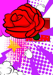 Cartoon Red Rose, comic book Flower. Retro vector comics pop art design.