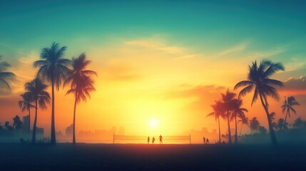 Dusk Beach Volleyball Competition, silhouettes in vibrant sunset, energetic spring break activity on sandy shores
