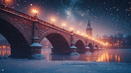 Snowy bridge illuminated at night under a starry sky with reflections in the water