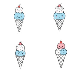 Kawaii Ice Cream Cone – Cute Smiling Triple Scoop Cartoon Vector Illustration