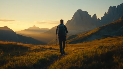 Obraz premium A male backpacker with a hiking pole stands on a trail in the Dolomites, Italy, with the jagged peaks and alpine meadows creating a postcard-perfect scene. The golden hour light bathes the mountains i