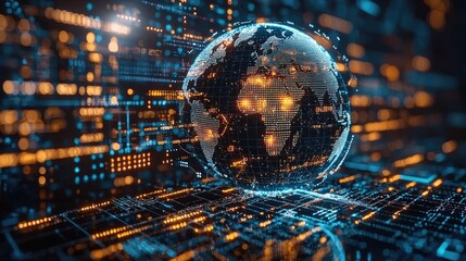 Futuristic digital globe showcasing interconnected data points over a global map with vibrant colors