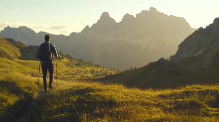 Fototapeta premium A male backpacker with a hiking pole stands on a trail in the Dolomites, Italy, with the jagged peaks and alpine meadows creating a postcard-perfect scene. The golden hour light bathes the mountains i