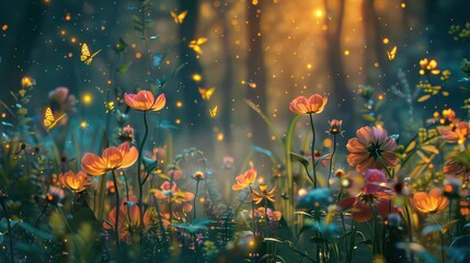 A magical garden at dusk, with fireflies illuminating the flowers and plants in a soft glow.