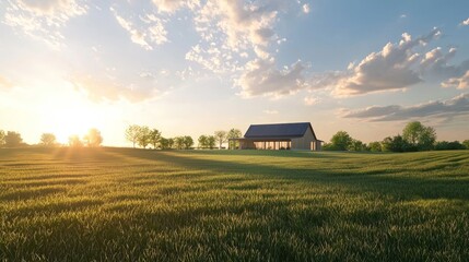 Tranquil Farmland Scene with Newly Constructed Building at Sunset