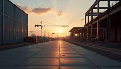 Obraz premium Sunrise Over Empty Industrial Warehouse Alley