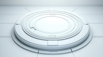 Fototapeta premium A minimalist, futuristic platform with concentric circular patterns, set against a clean, white background, suggesting advanced technology or a display area.