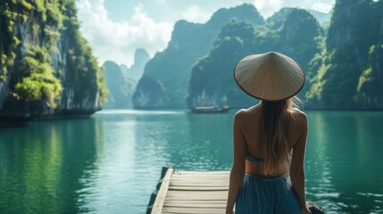 A female backpacker in a sunhat and sunglasses stands on a wooden pier in Halong Bay, Vietnam, with the iconic limestone karsts rising out of the emerald-green water. The peaceful scene feels like a p