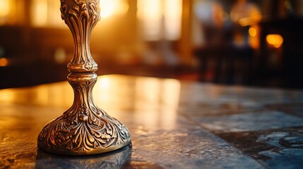 Ornate candlestick, warm light, marble table, cafe background, home decor