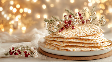 a stack of traditional Passover matzo with a crisp, golden-brown texture and perforated surface, resting on a rustic wooden table with a blurred background of a festive Passover setting