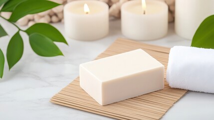 Spa Day Essentials:  A bar of creamy soap, fluffy towel, and softly lit candles create a tranquil atmosphere.