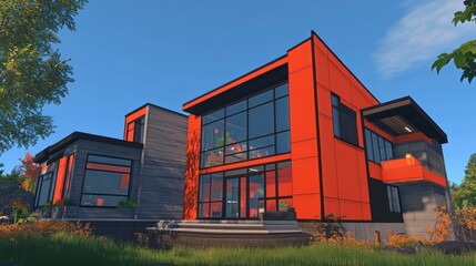 A modern house with red and gray exterior walls, featuring window frames in black. The building has three floors, each showcasing different architectural styles.