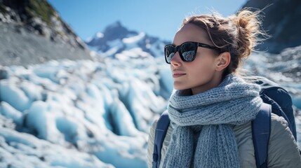 A female backpacker in a scarf and sunglasses stands on a glacier in New Zealand&acirc;&euro;&trade;s Southern Alps, with the icy blue tones of the glacier contrasting against the bright blue sky. 