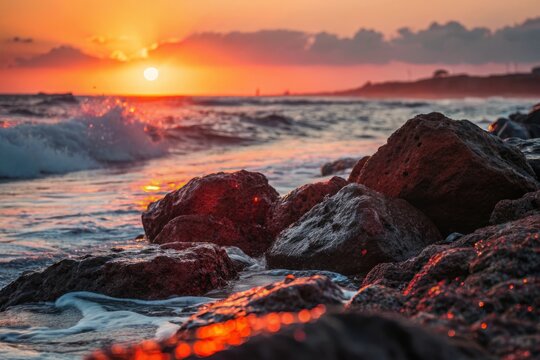 Vibrant Lazarette Sunset: Candid Coastal Capture of Colorful Rocks and Waves