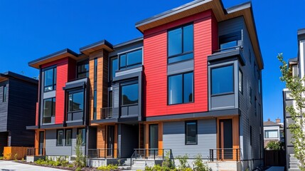 Obraz premium A modern house with red and gray exterior walls, featuring window frames in black. The building has three floors, each showcasing different architectural styles.